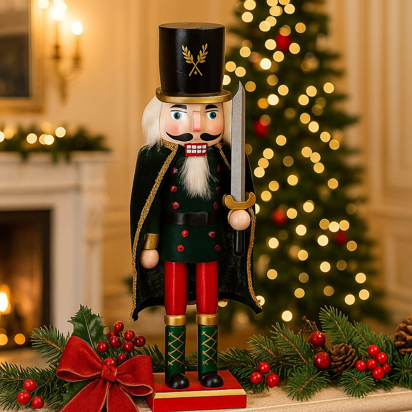 Spărgător de nuci decorativ cu sabie și mantie neagră așezat pe un raft decorat de Crăciun