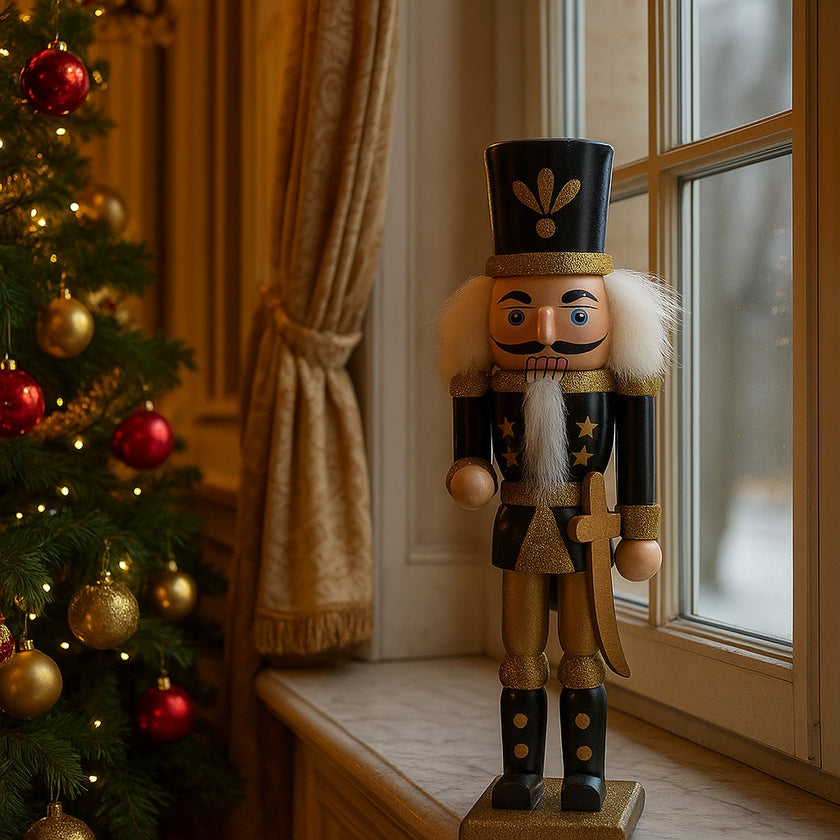 Spărgător de nuci cu sabie, negru cu auriu așezat pe un pervaz de marmură, lângă un brad decorat de Crăciun