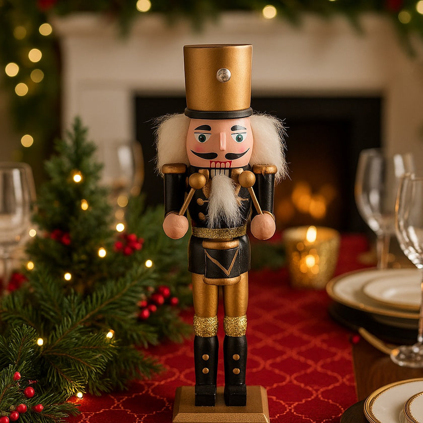 Spărgător de nuci toboșar negru cu auriu așezat pe o masă festiva, decorată de Crăciun