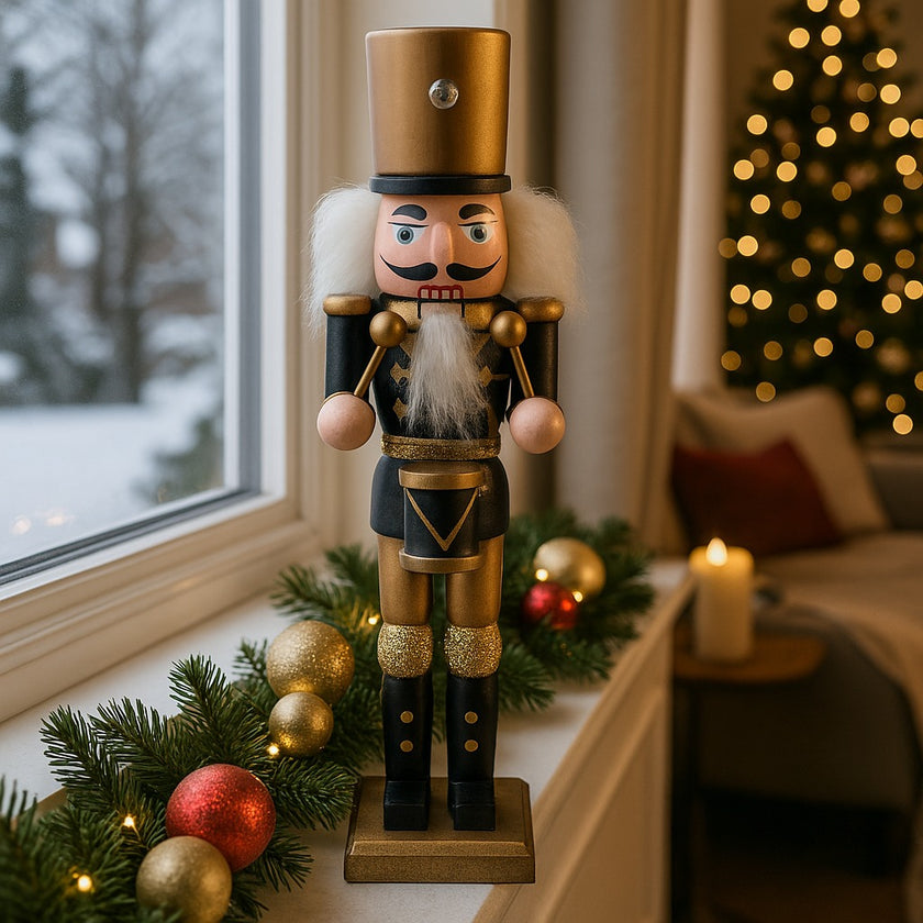 Spărgător de nuci toboșar negru cu auriu așezat pe un pervaz alb, decorat de Crăciun