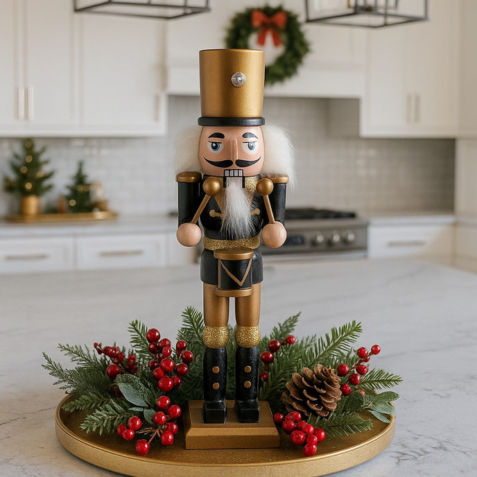 Spărgător de nuci toboșar negru cu auriu așezat pe o tavă aurie, decorată de Crăciun. Tava este pe un blat alb în bucătărie