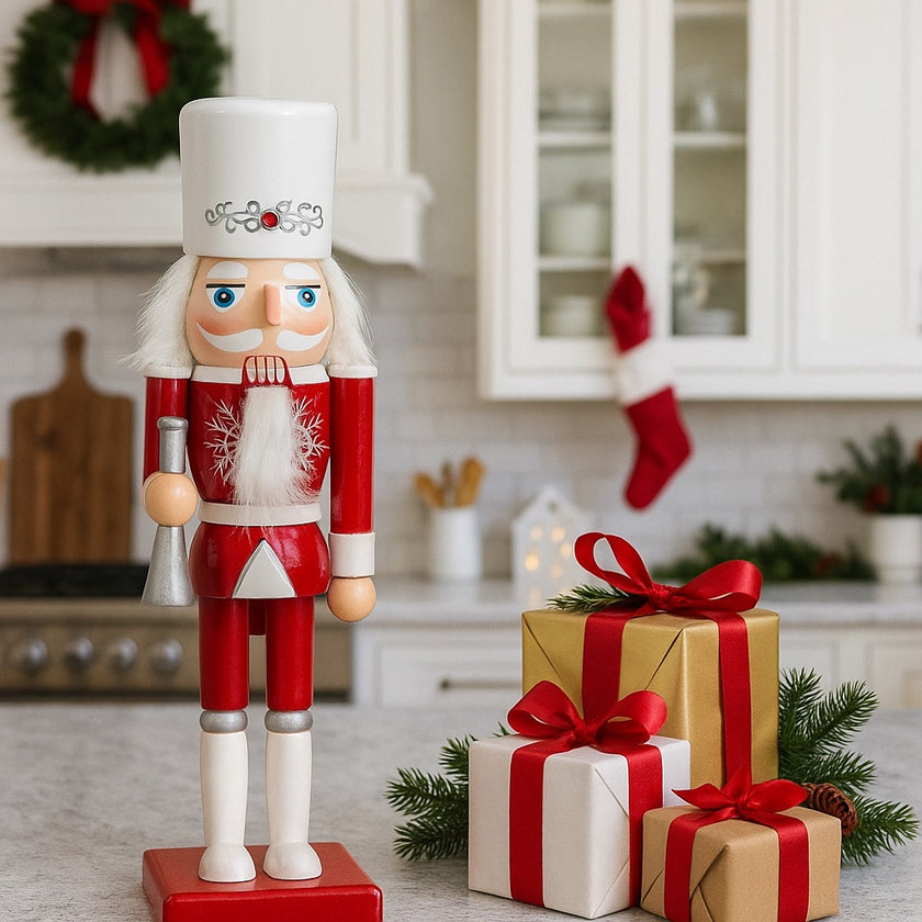 Spărgător de nuci cu trompetă alb și roșu așezat pe un blat alb de bucătărie, lângă 3 cadouri de Crăciun