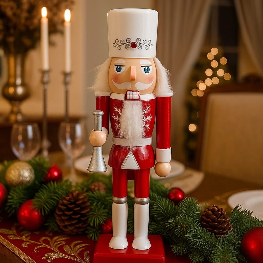 Spărgător de nuci cu trompetă alb și roșu așezat pe o masa festivă decorată de Crăciun