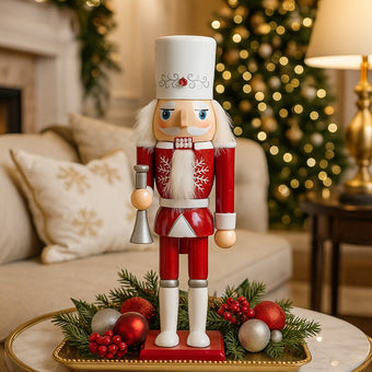 Spărgător de nuci cu trompetă alb și roșu așezat pe o tavă aurie decorată de Crăciun. Tava este așezată pe o masă rotundă cu blat de marmură