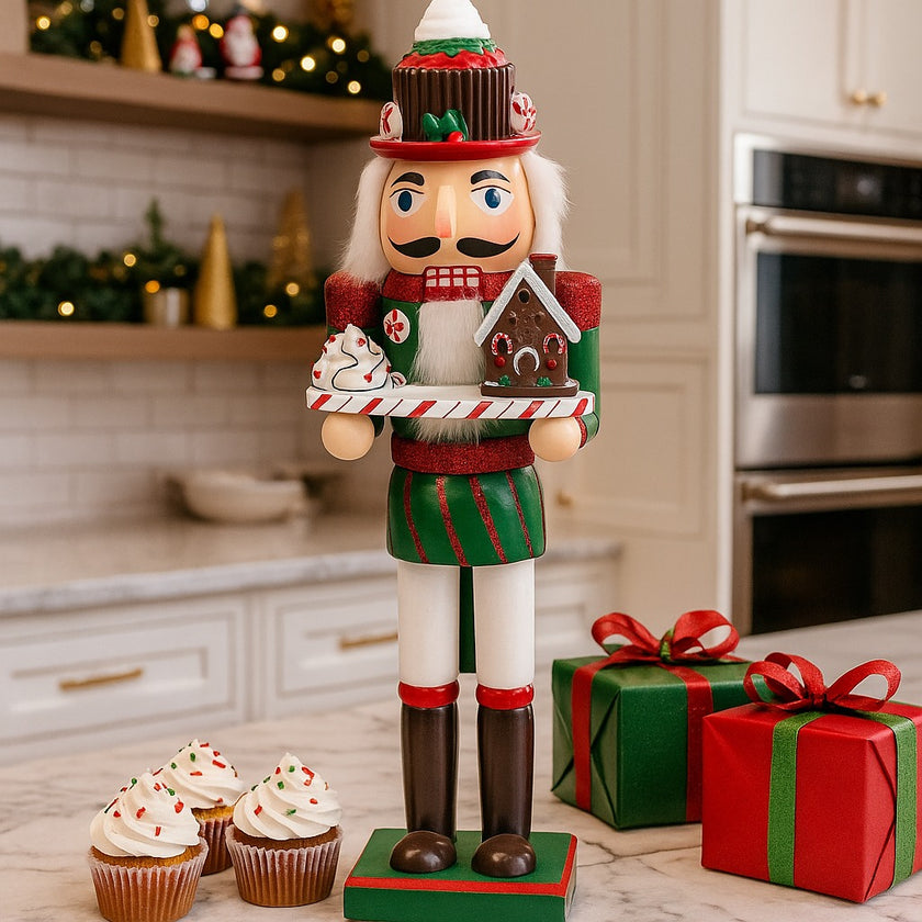 Spărgător de nuci decorativ cu căsuță de turtă dulce și frișcă așezat pe un blat de bucătărie cu cadouri și cupcakes 