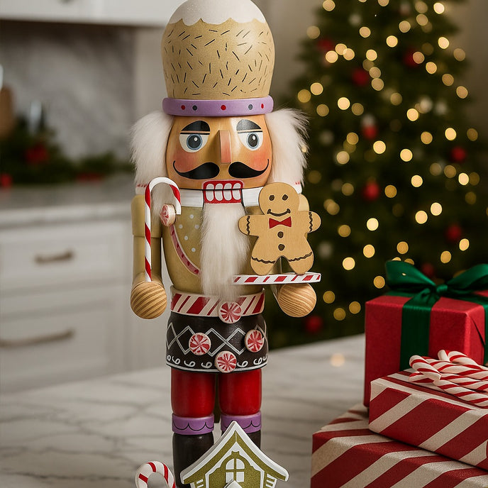 Spărgător de nuci decorativ cu turtă dulce și bastonaș Candy Cane așezat pe un blat in bucătărie lângă cadouri de Crăciun