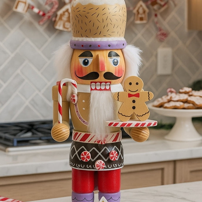 Spărgător de nuci decorativ cu turtă dulce și bastonaș Candy Cane așezat pe un blat în bucătărie decorată de Crăciun