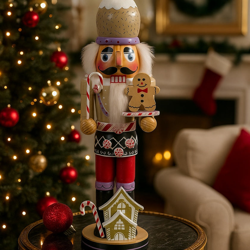 Spărgător de nuci decorativ cu turtă dulce și bastonaș Candy Cane așezat pe o masă neagra de cafea lângă un glob.