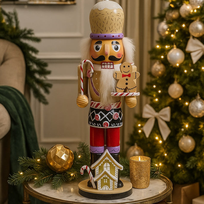 Spărgător de nuci decorativ cu turtă dulce și bastonaș Candy Cane așezat pe o masă de cafea decorată de Crăciun