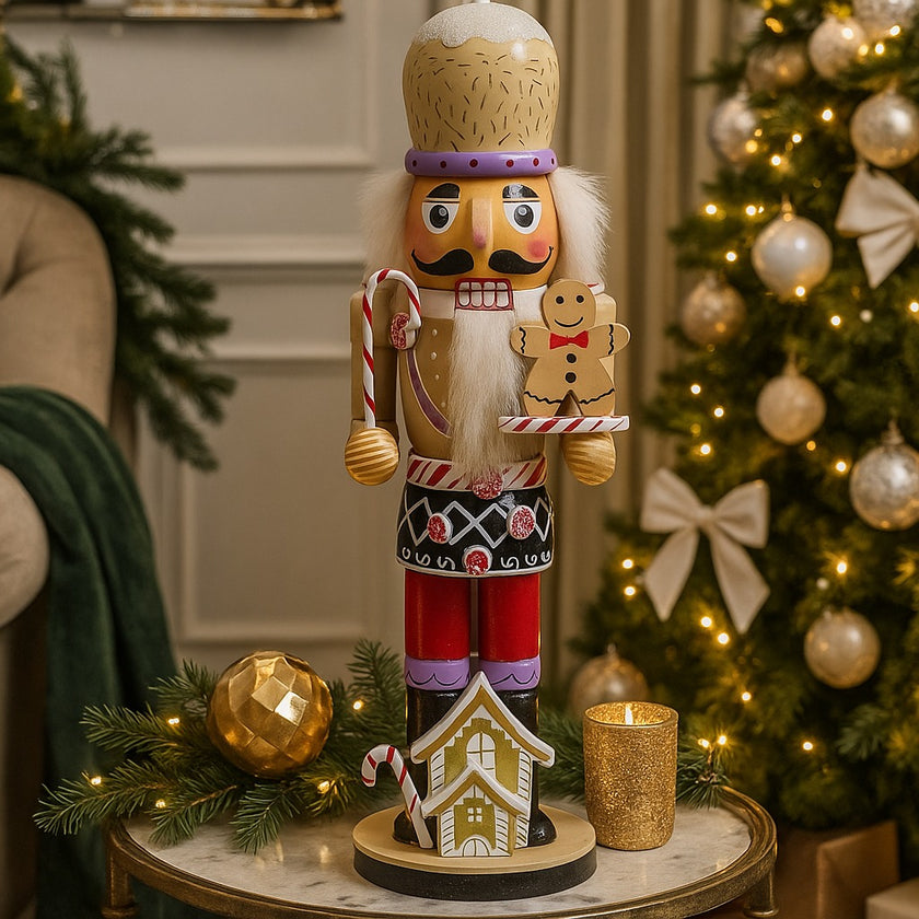 Spărgător de nuci decorativ cu turtă dulce și bastonaș Candy Cane așezat pe o masă de cafea decorată de Crăciun