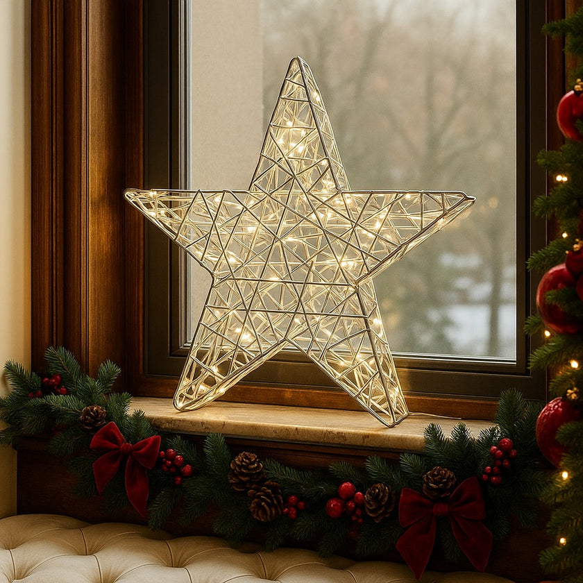 Stea decorativă argintie cu leduri aprinse, așezată pe un pervaz, decorat de Crăciun