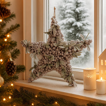 Stea decorativă de Crăciun cu bobițe argintii și frunze verzi așezată pe un pervaz, decorat de Crăciun