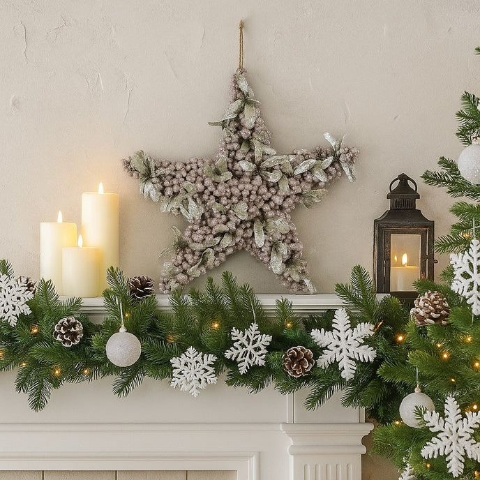 Stea decorativă de Crăciun cu bobițe argintii și frunze verzi agățată deasupra unui șemineu alb, decorat de Crăciun