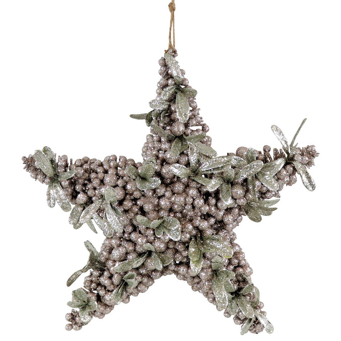 Stea decorativă de Crăciun cu bobițe argintii și frunze verzi