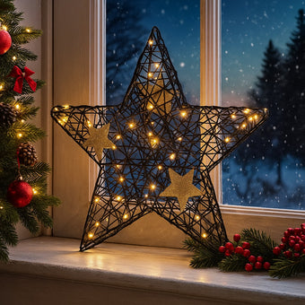 Stea decorativă neagră cu leduri aprinse, așezată pe un pervaz, decorat de Crăciun