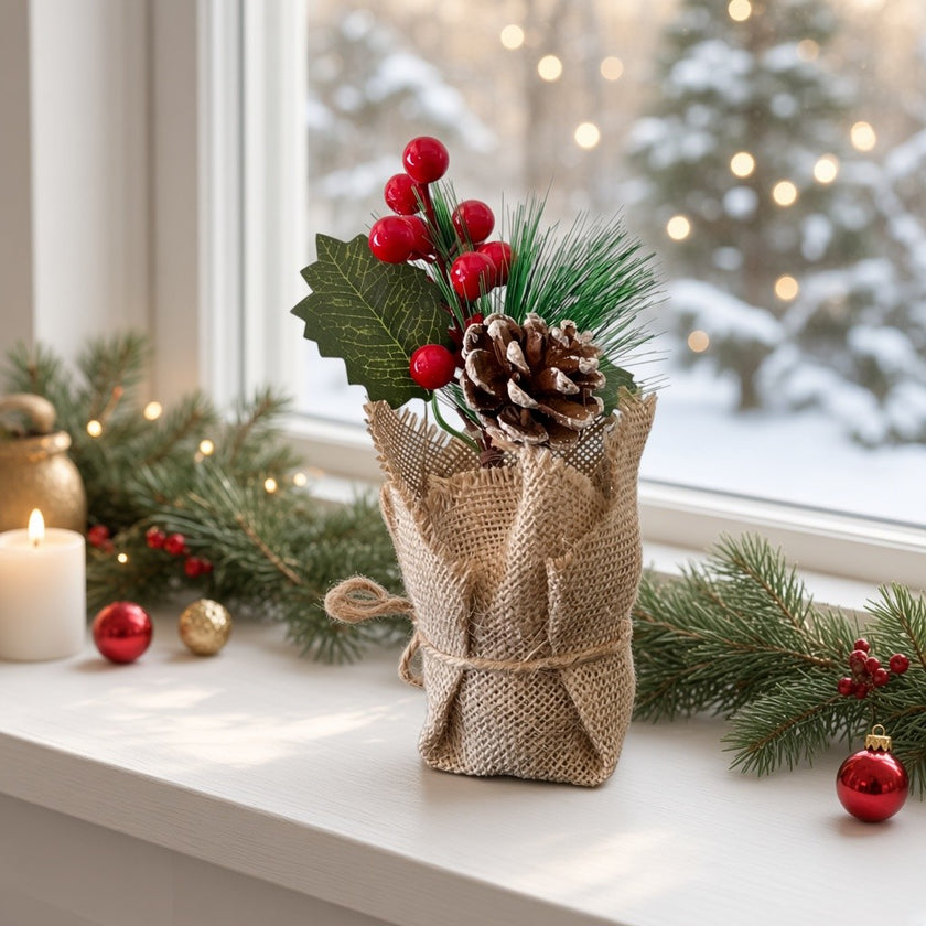 Aranjament decorativ de Crăciun în sac de iută, 21cm