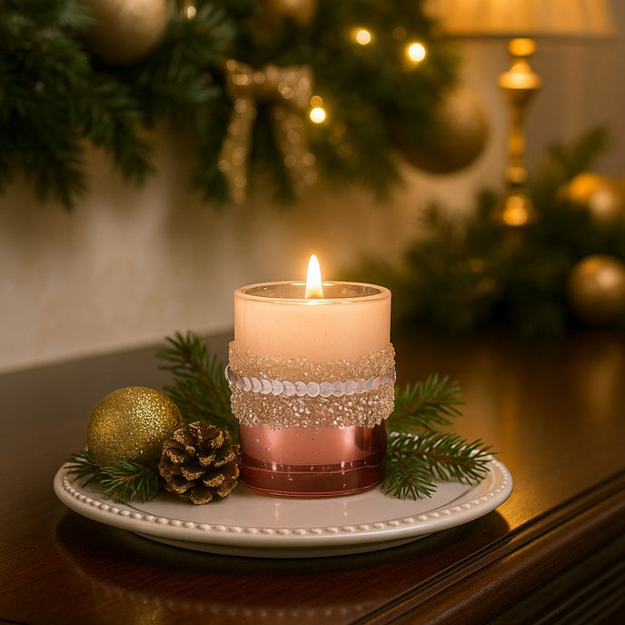 Suport de lumânare din sticlă roz, cu paiete, aprins, pe o farfurie alba, decorată cu ramuri de brad, un glob auriu și conuri, asezată pe un bufet