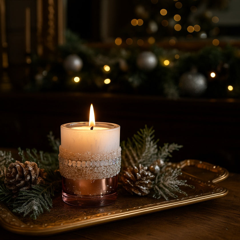 Suport de lumânare din sticlă roz, cu paiete, aprins, pe o tavă aurie, decorată cu ramuri de brad și conuri