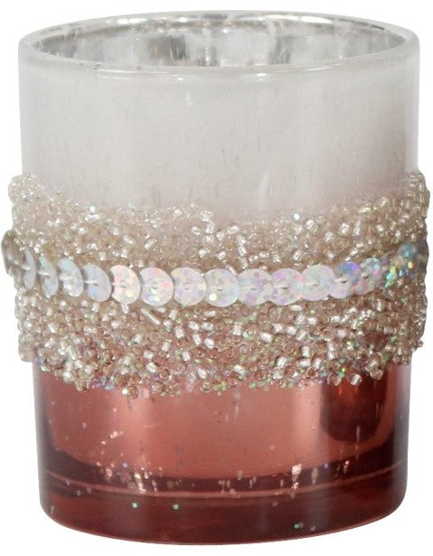 Suport de lumânare din sticlă roz, cu paiete