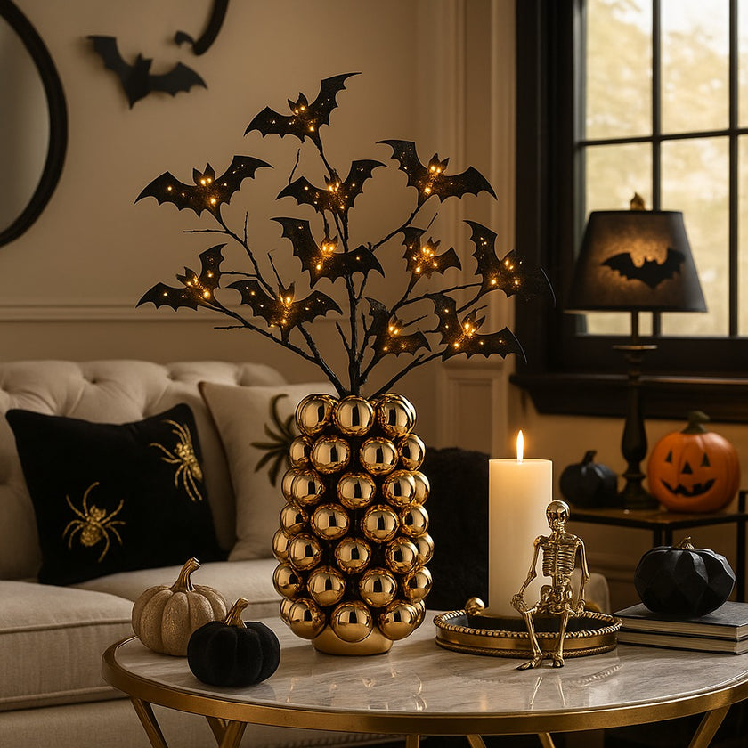 Vază decorativă auriu lucios, cu model în formă de bubble și un buchet de flori în ea, așezată pe o masă aurie, rotundă, cu blat de marmură, decorată de Halloween