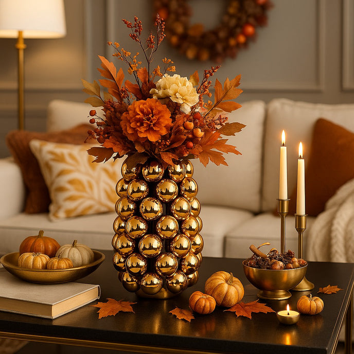 Vază decorativă auriu lucios, cu model în formă de bubble și un buchet de flori în ea, așezată pe o masă din lemn, decotaă de toamnă