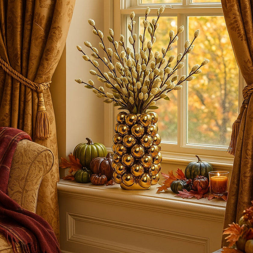 Vază decorativă auriu lucios, cu model în formă de bubble și un buchet de flori în ea, așezată pe un pervaz din lemn alb, decorat de toamnă