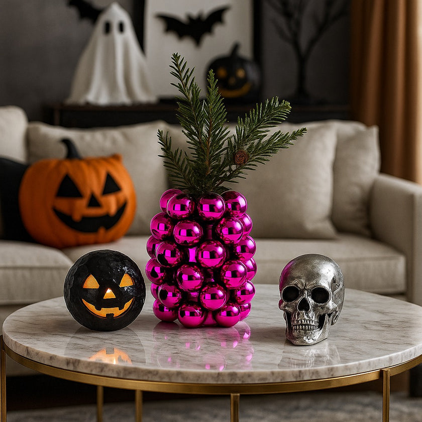 Vază decorativă roz lucios, cu model în formă de bubble și un buchet de flori în ea, așezată pe o masă rotundă, aurie cu blat de marmură, decorată de Halloween