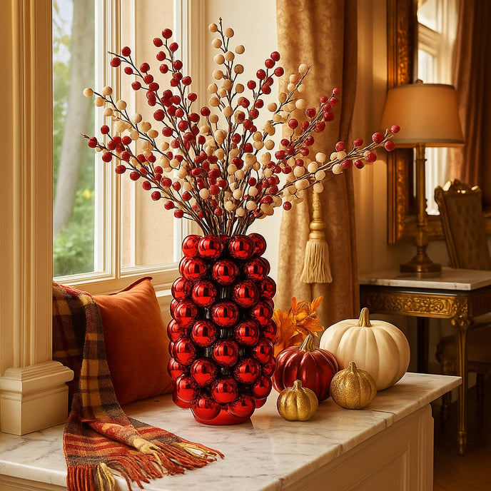 Vază decorativă roșu lucios, cu model în formă de bubble și un buchet de flori în ea, așezată pe un bufet cu blat de marmură decorat de toamnă, lângă un geam