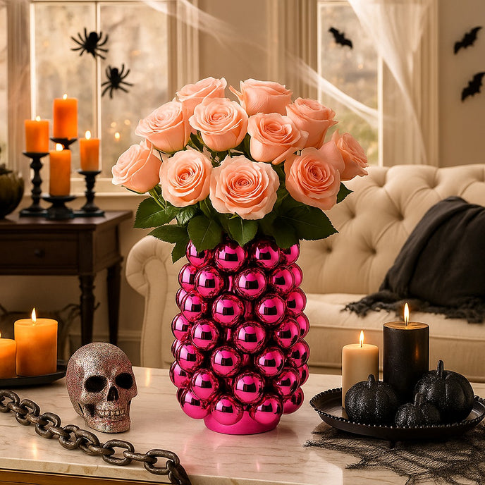 Vază decorativă roz lucios, cu model în formă de bubble și un buchet de flori în ea, așezată pe o masă cu blat de marmură, decorată de Halloween