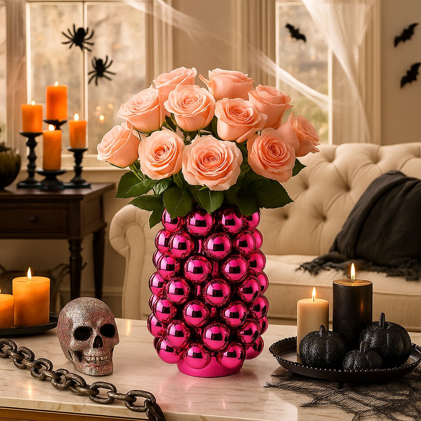 Vază decorativă roz lucios, cu model în formă de bubble și un buchet de flori în ea, așezată pe o masă cu blat de marmură, decorată de Halloween