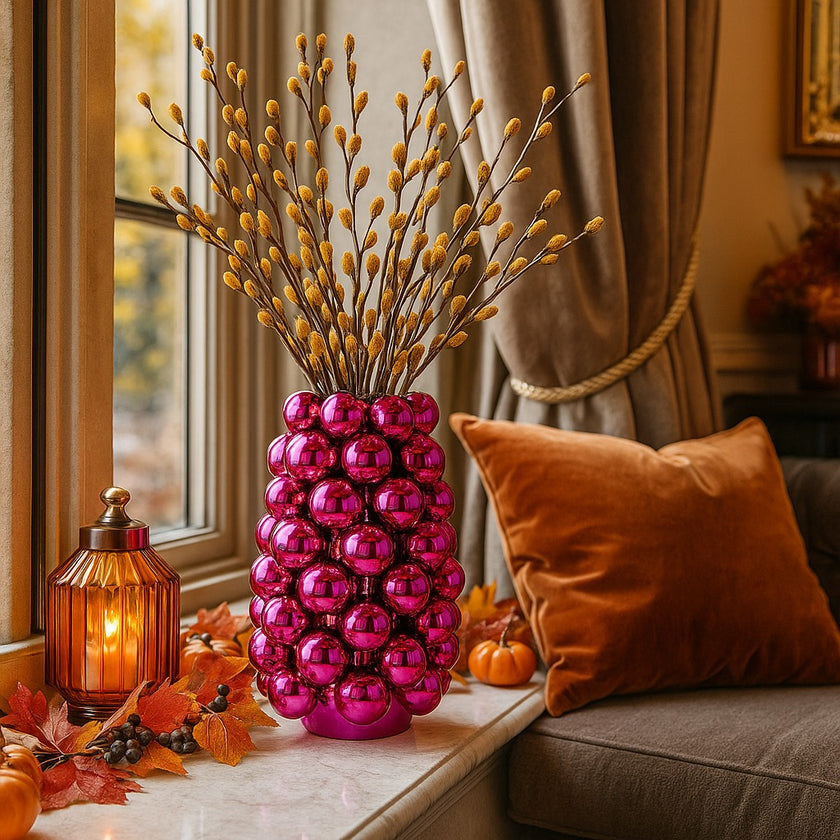 Vază decorativă roz lucios, cu model în formă de bubble și un buchet de flori în ea, așezată pe un pervaz din marmură, decorat de Halloween